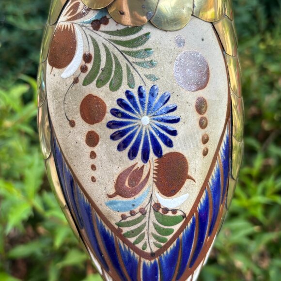 Vintage Mexican Tonala Duck Hand Painted Folk Art Bird with Solid Brass Overlay - Picture 9 of 13